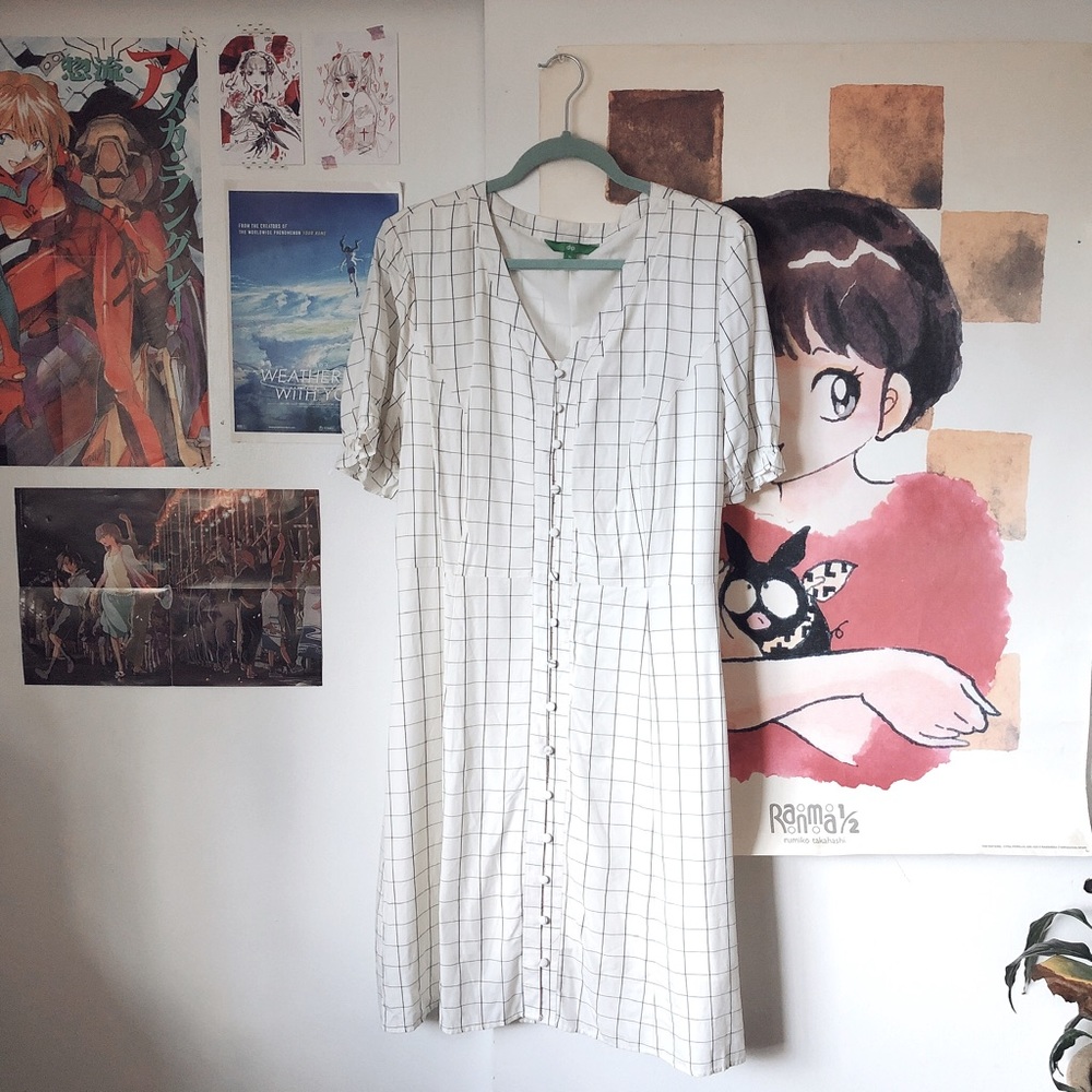 White Grid Button Down Dress